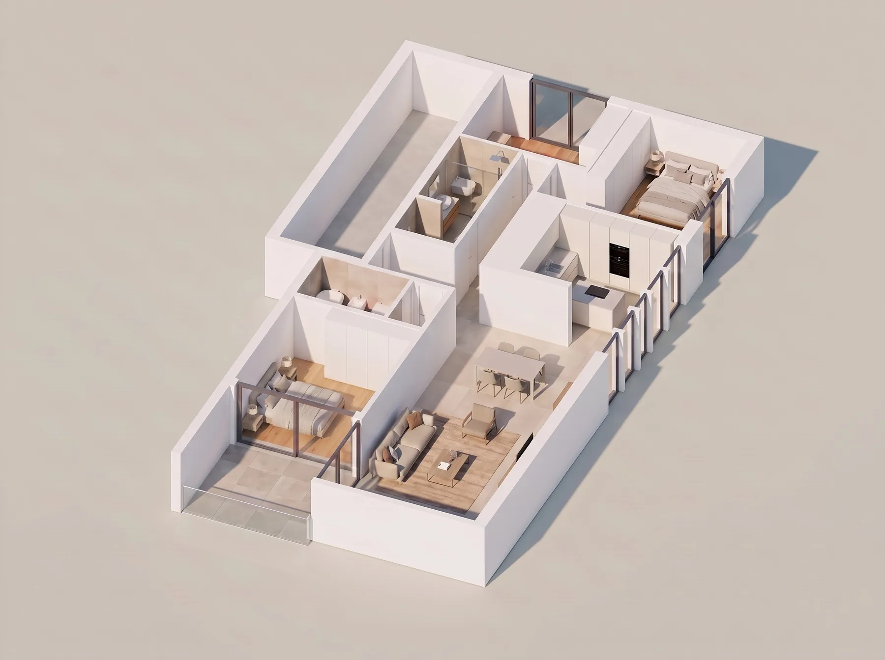 Dieselbe Wohnung als 3D-Schnitt, aus dem Plan gebaut