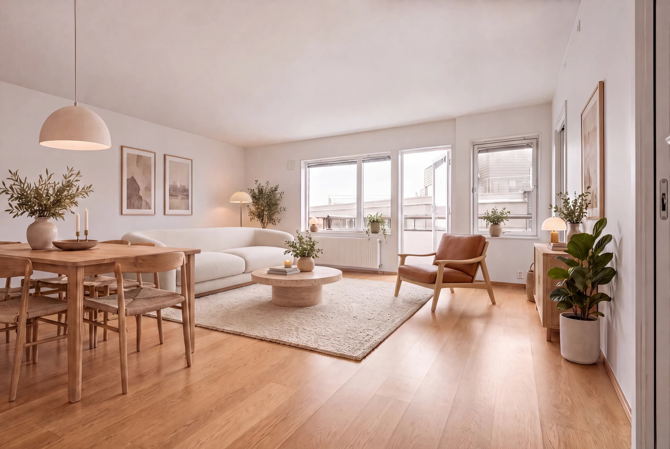Das Wohnzimmer mit Sofa, Couchtisch und Sessel an den gesetzten Punkten