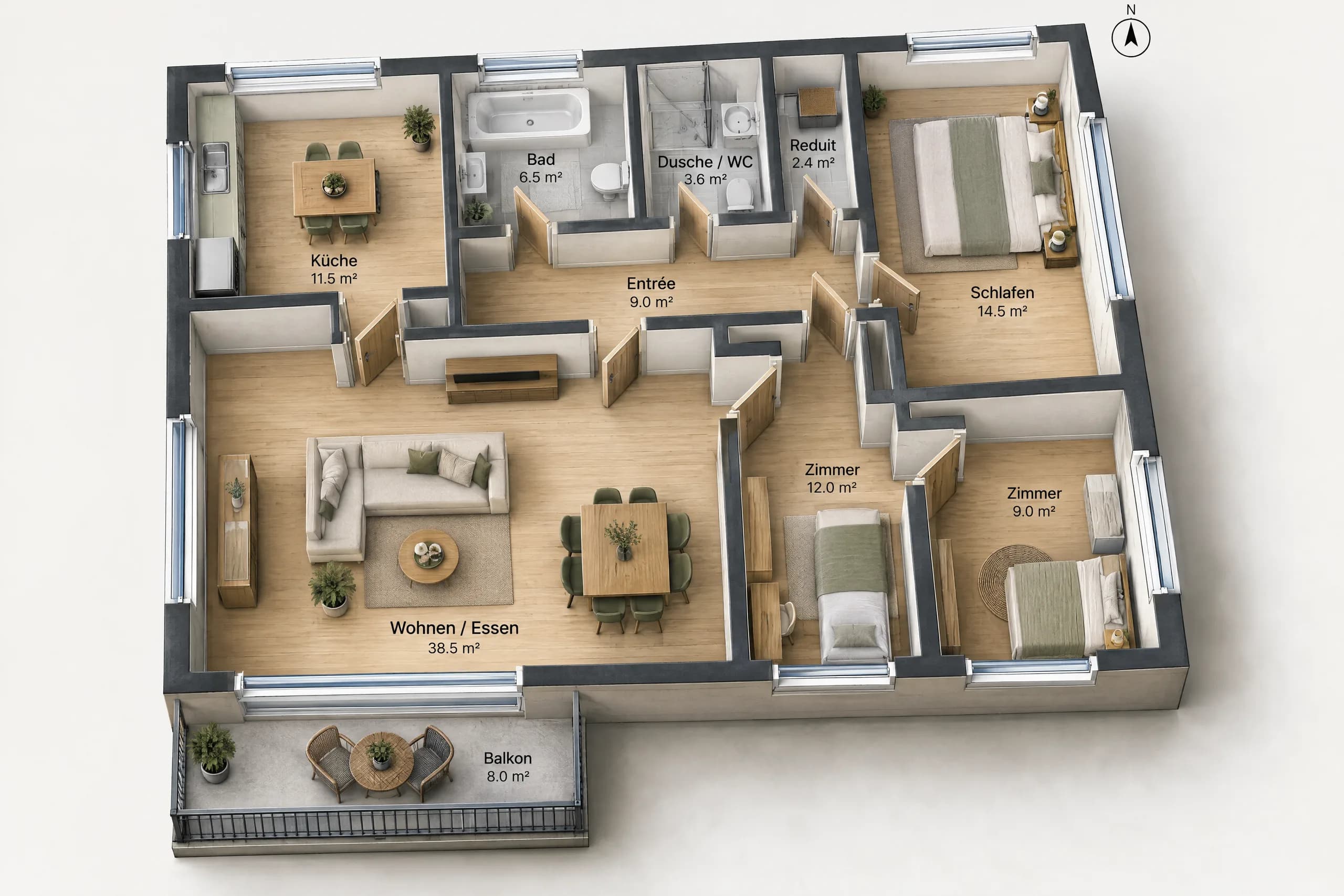 Grundriss in 3D, eingerichtet